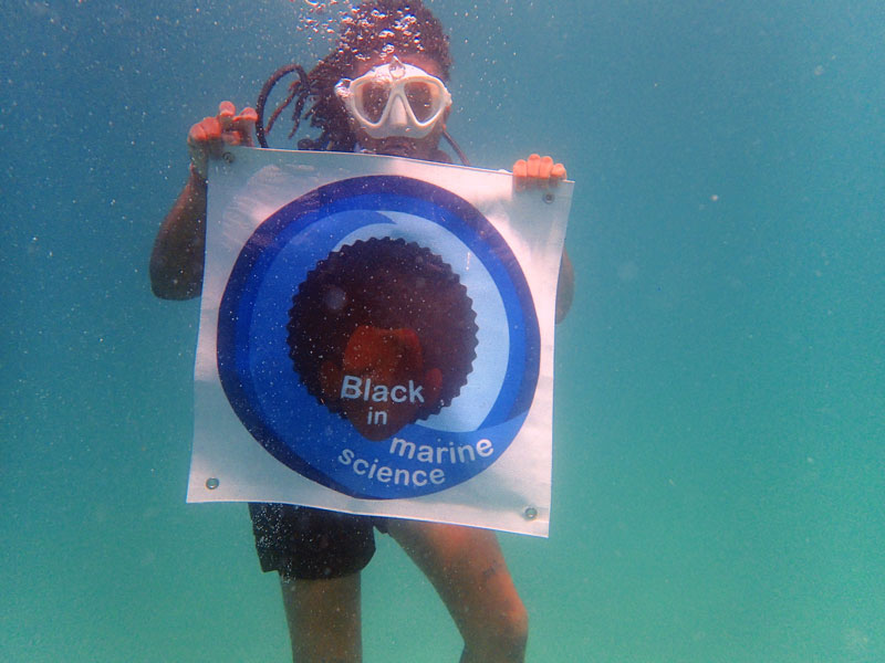 Newly-minted SCUBA divers show their Black in Marine Science pride underwater.