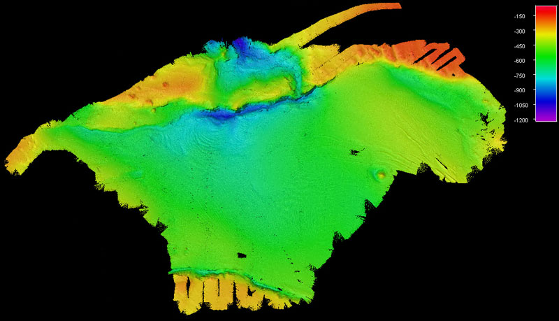 Screen capture from the Saildrone Surveyor’s onboard processing software of the unprocessed (raw) multibeam data collected in the Amukta Pass.
