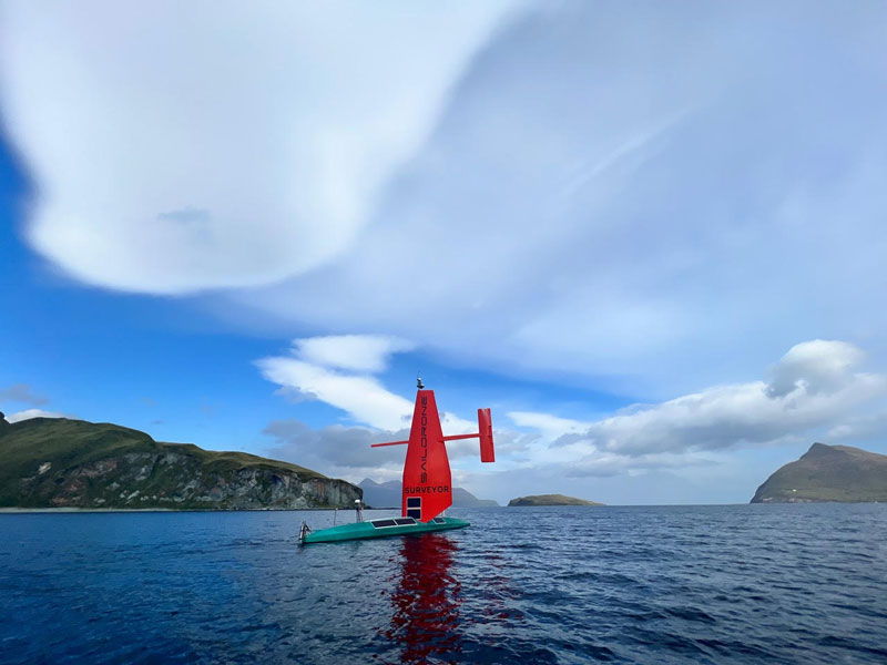 The Saildrone Surveyor departing Dutch Harbor, Alaska, after a mid-project pit stop.