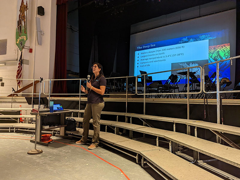 NOAA Ocean Exploration’s Kimberly Galvez gave a brief presentation on the field of ocean exploration before answering student questions about her work as an expedition coordinator and her career journey.