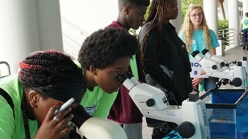 The “Marine World Magnified” and “Fintastic Faces” stations featured microscopes for students to examine the intricate skeletons of coral and the larval form of many local fish species. Students were then challenged to match the larval form to the adult fish in a game of “what will I become?