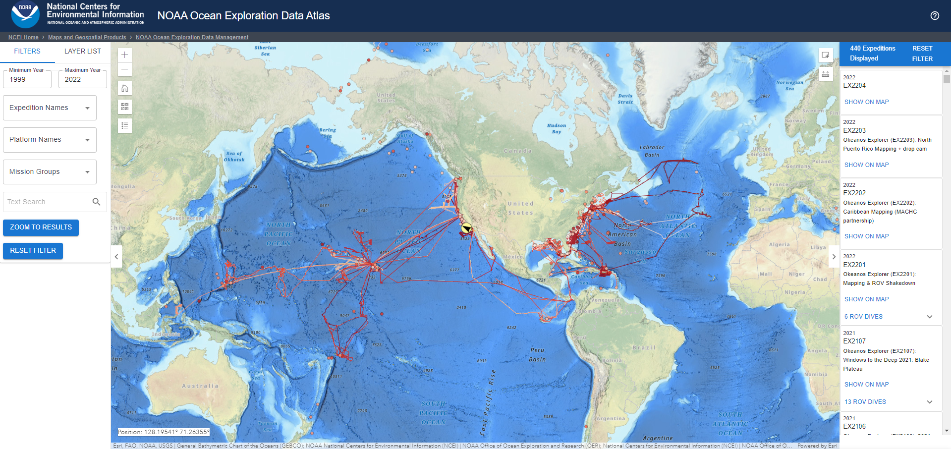 A screenshot of the NOAA Ocean Exploration Data Atlas.