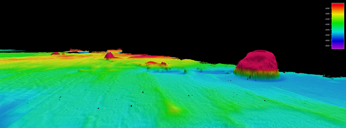 While conducting mapping operations off the coast of California, Saildrone Surveyor mapped this previously undiscovered seamount that rises nearly 3,500 meters (2.17 miles) off the seafloor. Shaped much like the butte features found in the deserts of the Southwest, researchers do not know why or how the seamount gained its cylindrical shape but do think it was most likely a volcanic formation.