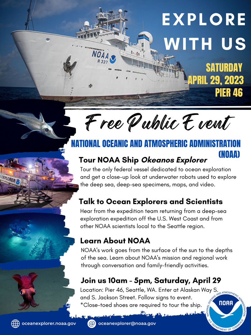 Explore with us flyer of the free public event on Saturday April 29, 2023 at Pier 46 in Seattle