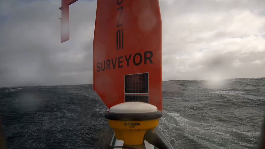 The Saildrone Surveyor in the North Pacific Ocean during its transit from the Aleutian Islands to its home port in Alameda, California.
