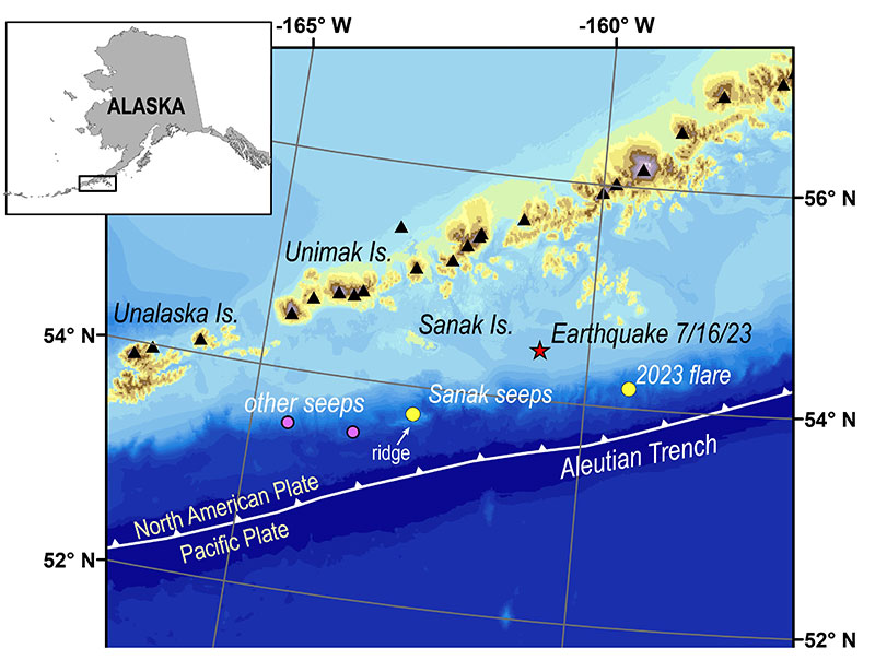 Inset and regional map showing location of the Aleutian trench and island arc; new seeps found by NOAA Ocean Exploration in May 2023 (yellow circles), including the Sanak seeps investigated in Dive 04; previously investigated seeps (purple circles); the magnitude 7.2 earthquake that occurred on July 16, 2023 (red star); and volcanoes (black triangles).