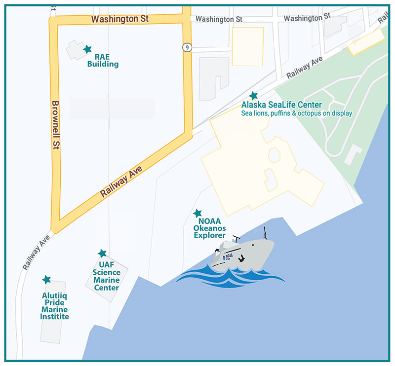 Map showing the locations where different activities will take place during the Seward Marine Science Symposium.