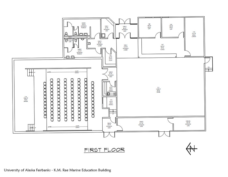 This map shows the layout of the first floor of the University of Alaska Fairbanks - K.M. Rae Marine Education Building. Presentations during the sypmosium will take place in the auditorium; space for presentation seating will be limited, so guests are encouraged to register in advance to secure a seat. Posters will be available in the building's main lobby and symposium guests will be able to sign up the day of the event to tour this facility. 