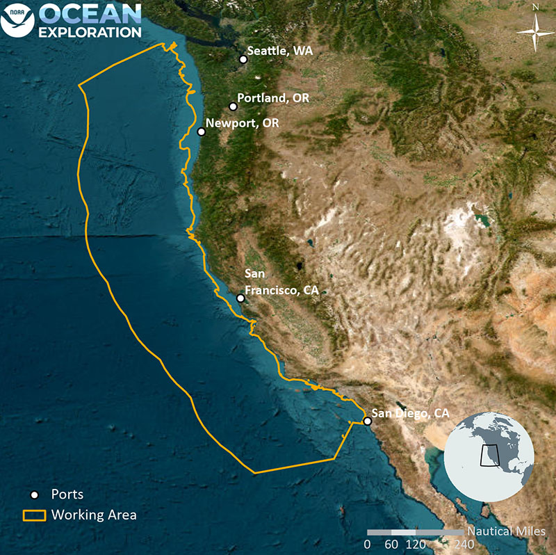 Anticipated extent of the operating area for the West Coast expeditions (EX2208, EX2301, EX2308, and EX2309). These expeditions will provide high-resolution information about seafloor features and associated marine habitats and an opportunity for scientists, students, and managers to engage in exploration of largely unknown areas in real time.