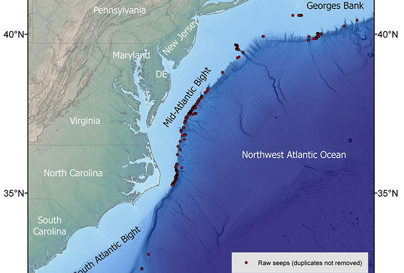This map shows the distribution of methane seeps (shown as red circles) on the U.S. Atlantic Margin between the South Atlantic Bight and Georges Bank before removal of possible duplicates. It accompanies the database for the 2024 seeps study.