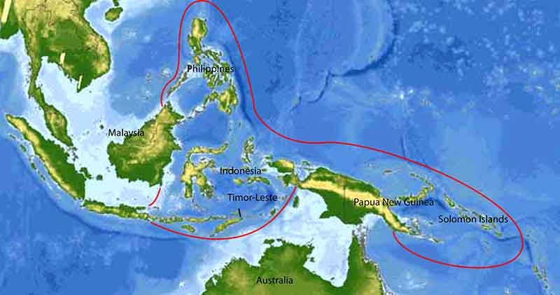 Map showing the coral triangle region – the most diverse and biologically complex marine ecosystem on the planet. The coral triangle covers 5.7 million km2, and matches the species richness and diversity of the Amazon rainforest. Although much of the diversity within the Coral Triangle is known, most still remains unknown and undocumented.