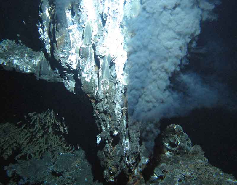 A black smoker chimney named ‘Boardwalk’ emitting 340°C (644°F) hydrothermal fluids in the northeastern Pacific Ocean at a depth of 2,200 meters (7,260 feet).