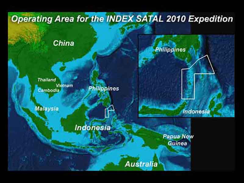 Map of the operating area for INDEX-SATAL 2010. The white tomahawk-shaped box is where both the <em>Baruna Jaya IV</em> and <em>Okeanos Explorer</em> will be conducting joint operations this summer. The inset boxes reflect suggested priority areas.