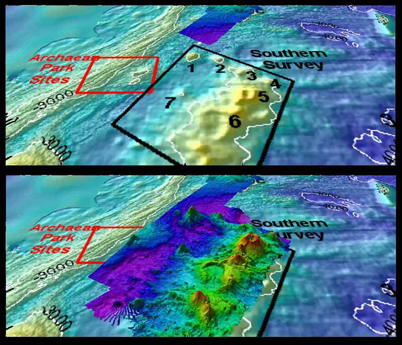 "Sebelum dan sesudah" ini memberikan sekilas citra dari kemampuan EM302 <em>Okeanos Explorer</em> dalam melakukan pemetaan sistem di air dalam. Gambar atas menunjukkan apa yang kita tahu sebelumnya tentang daerah dasar laut di wilayah selatan daerah Mariana dari data altimetri satelit. Gambar bawah meliputi overlay dari informasi yang diberikan oleh sistem multibeam EM302. <em>Okeanos Explorer</em> akan fokus pada pemetaan perairan yang lebih dalam dari 2000m selama ekspedisi, sementara <em>Baruna Jaya IV</em> akan mengumpulkan data multibeam lebih dari kedalaman 2000m - rating maksimum dari sistem multibeam nya.