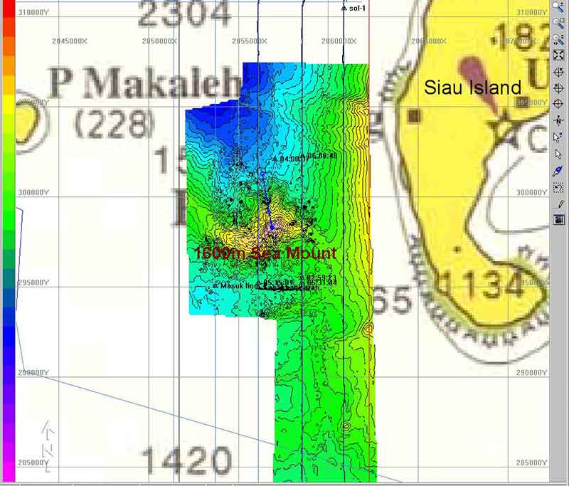 A new finding of a 1,600-meter-high seamount just 80 kilometers to the west of Siau Island.