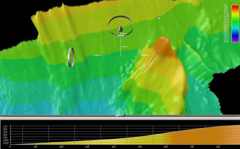 Bathymetric image of the new seamount revealed during hydrographic survey by the Indonesian Research Vessel <em>Baruna Jaya IV</em>.