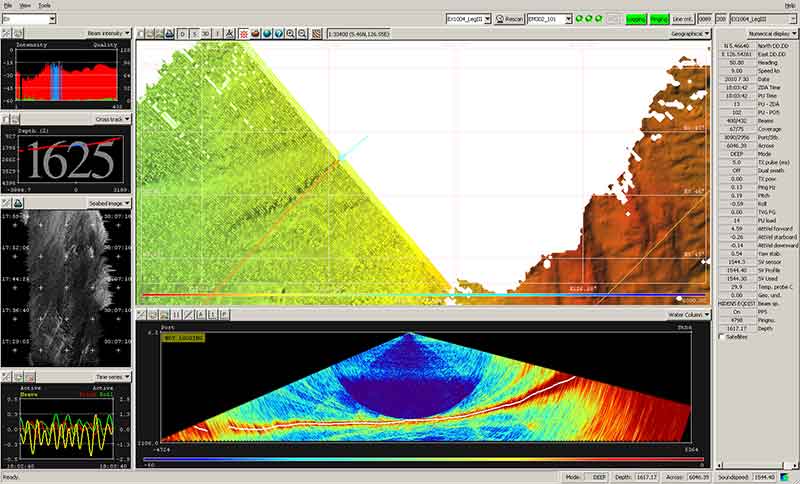 This is a screen grab from the multibeam acquisition computer during a typical mapping watch. The center area shows the coverage, on the left is the sonar signal strength, depth, backscatter and ship motion data. The bottom window is the water column display, where the sonar can also detect features such as plumes.
