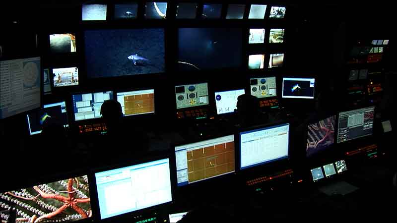 The ROV control room aboard NOAA Ship <em>Okeanos Explorer</em> is mission central, serving a variety of operations from mapping to ROV operations to managing interactions between the ship and shore. This view shows the control room during ROV operations