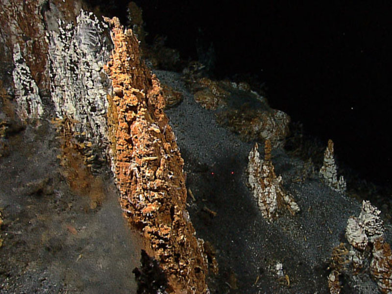0.5 to 1 meter tall active and inactive spires on the summit of the Kawio Barat submarine volcano. Image captured by the Little Hercules ROV at 1849 meters depth on August 3, 2010.