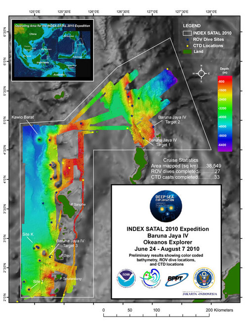 Map summarizing work completed by both NOAA Ship Okeanos Explorer and Indonesian Research Vessel Baruna Jaya IV during the INDEX-SATAL 2010 Expedition.