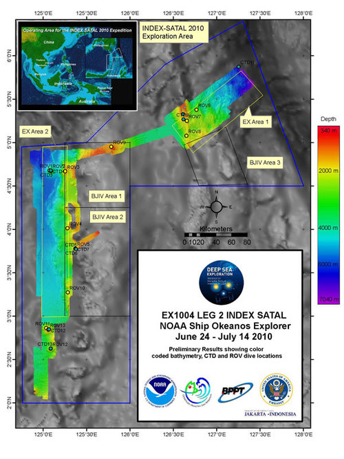 This map shows areas mapped as well as the locations of CTD casts and ROV dives during Leg II.