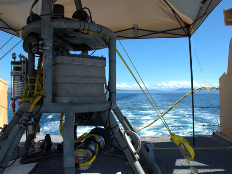 The ROV camera sled will remain secured to the deck for the next few days while mapping operations continue.