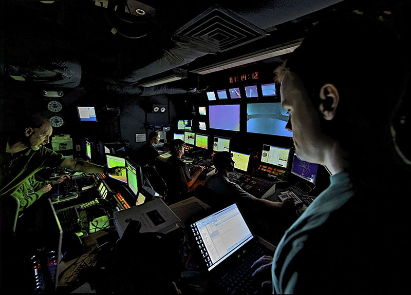A spectacular photo of the NOAA Ship <em>Okeanos Explorer</em> Control Room while ROV operations are underway.