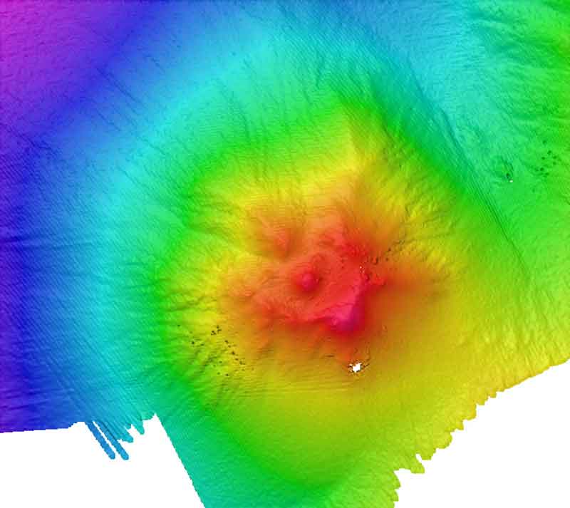 Multibeam image of one of the volcanoes mapped during the INDEX-SATAL 2010 expedition. After imaging an interesting feature such as a submarine volcano with the multibeam sonar, the team will deploy the <em>Little Hercules</em> remotely operated vehicle to the seafloor to collect imagery so that scientists examining the footage can “characterize” the site. Enough information about the site is collected to ask interesting questions, but exploration entails moving on to explore another site instead of lingering on to answer those questions.