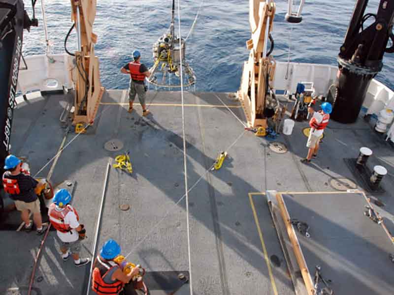 Members of the Deck department recover the camera platform while the ROV is trailing behind the ship. This operation involves the Officer of the Deck to drive the ship, a winch operator, and several people on deck to handle the equipment and taglines as the gear comes over the side of the ship.