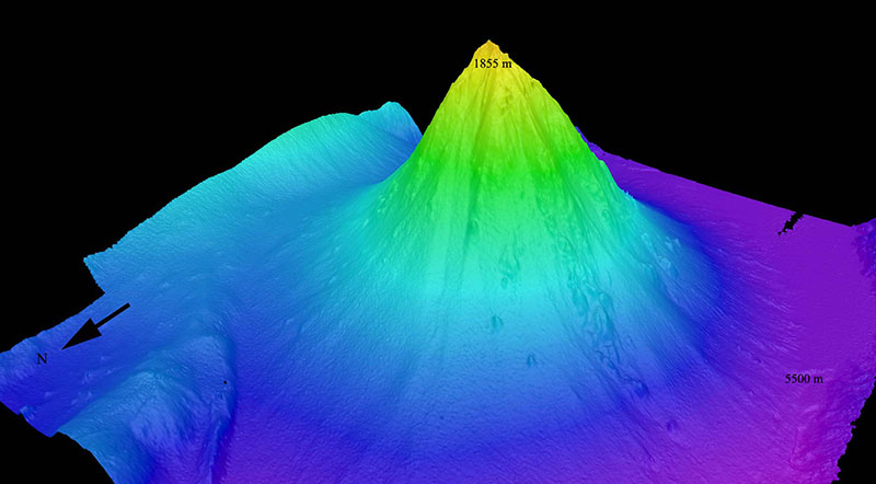 This is a perspective view of the Kawio Barat (West Kawio) seamount looking from the northwest. The underwater volcano rises around 3,800 meters (12,467 feet) from the seafloor.