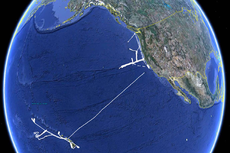 An overview of the multibeam data collected during the 2008-2009 field season off of the West Coast of the United States as well as in the vicinity of the Hawaiian Islands. In size, this area is comparable to the State of Wisconsin.