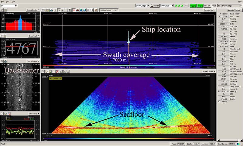 There is a lot of information to keep track of when standing watch at the multibeam acquisition station. Each piece of information provides unique and valuable details about the seafloor, which are all used in the exploration decision-making process.