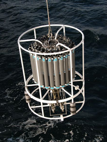A CTD/Rosette is lowered down to the top of these volcanoes to measure the salinity, temperature, depth and concentration of particles in the water column.