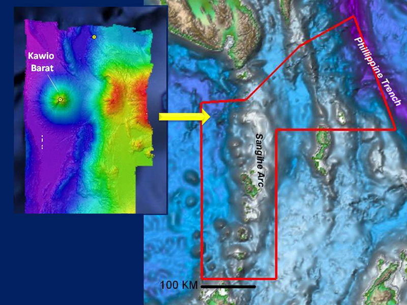 Image showing a map of the INDEX-SATAL 2010 operating area made using data from a satellite in space that can reveal features like large submarine volcanoes and ocean trenches (right). Areas of interest can be explored in greater detail by collecting data to create more detailed maps, like the one to the left showing multibeam data acquired via NOAA Ship Okeanos Explorer.