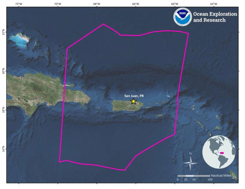 Map showing operating areas for the 2018 NOAA Ship <em>Okeanos Explorer</em> expedition to the Caribbean.