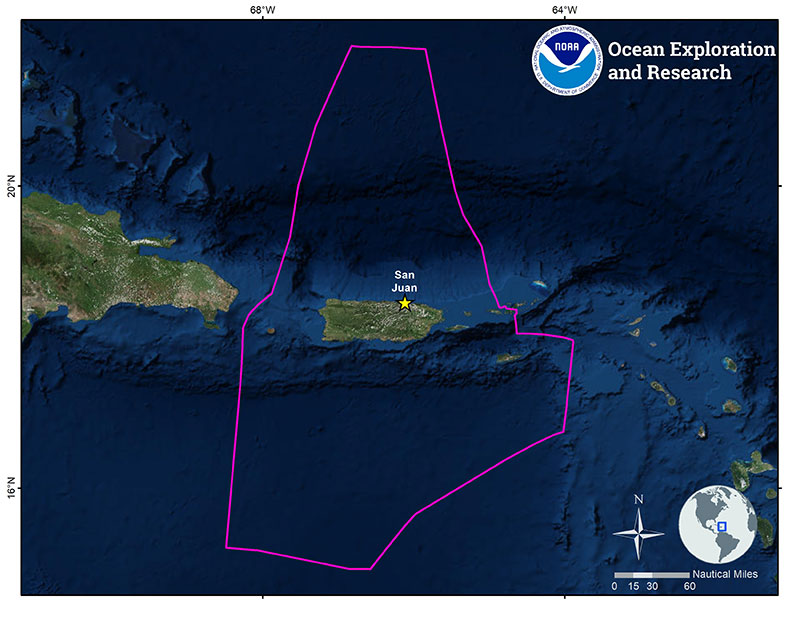 Map showing the operating area (purple polygon) and port (yellow stars) for the 2018 NOAA Ship Okeanos Explorer expedition focused on mapping and ROV operations in the U.S. Caribbean Sea.