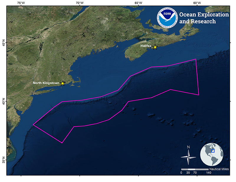 Map showing the operating area (purple polygon) and ports (yellow stars) for the 2019 NOAA Ship Okeanos Explorer expeditions focused on mapping and exploration off the Northeast U.S. and Canada.