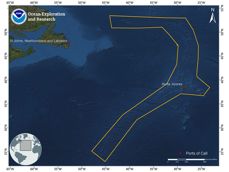 Map showing the general operating area (gold polygon) and ports (red diamonds) for the 2020 OER NOAA Ship Okeanos Explorer expeditions focused on mapping and exploration of the Mid-Atlantic Ridge. The expedition will start in the southern region and work north.