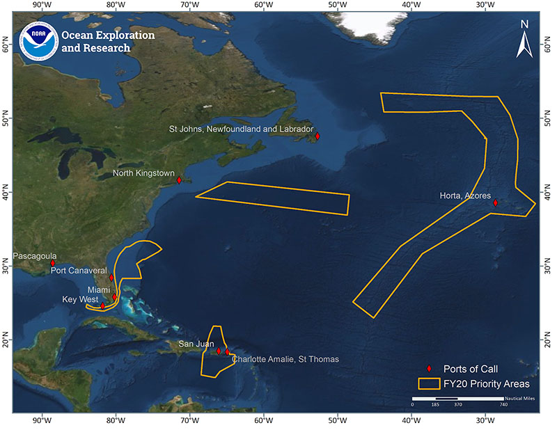 Map showing the operating areas (gold polygons) and ports (red diamonds) for expeditions aboard NOAA Ship Okeanos Explorer to be conducted in FY2020. Three regional expeditions will be conducted in the U.S. Southeast, Caribbean, and Mid-Atlantic Ridge.