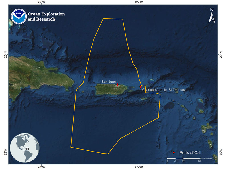 Map showing the planned operating area (gold polygon) and ports (red diamonds) for the 2020 OER NOAA Ship Okeanos Explorer expeditions focused on mapping in and around Puerto Rico in support of Seabed 2030.