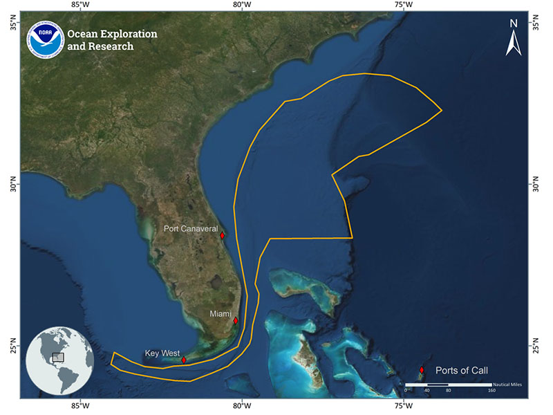 Map showing the operating area (purple polygon) and port (yellow stars) for the 2018 NOAA Ship Okeanos Explorer expedition focused on mapping and ROV operations in the U.S. Caribbean Sea.