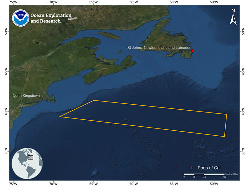 Map showing the operating area (gold polygon) and ports (red diamonds) for the 2020 OER NOAA Ship Okeanos Explorer expedition focused on mapping international deep-sea regions in the Sohm Plain.