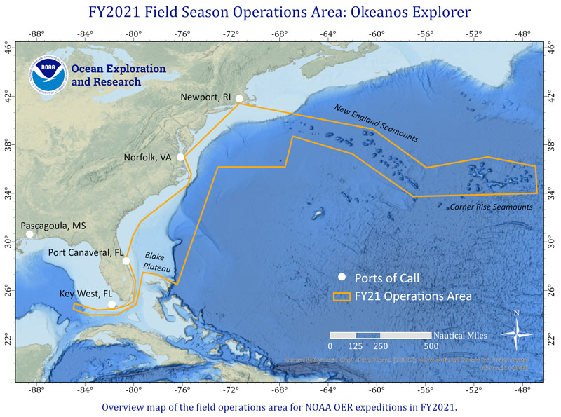 Figure 1. Map showing the priority operations area (orange polygon) and ports (white dots) for expeditions aboard NOAA Ship Okeanos Explorer that will be conducted in Fiscal Year 2021.