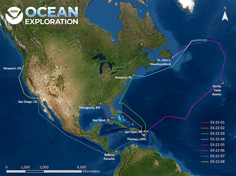 Expected NOAA Ocean Exploration field operations area for 2022 on NOAA Ship Okeanos Explorer. Lines indicate approximate tracklines for each expedition. White points represent ports.