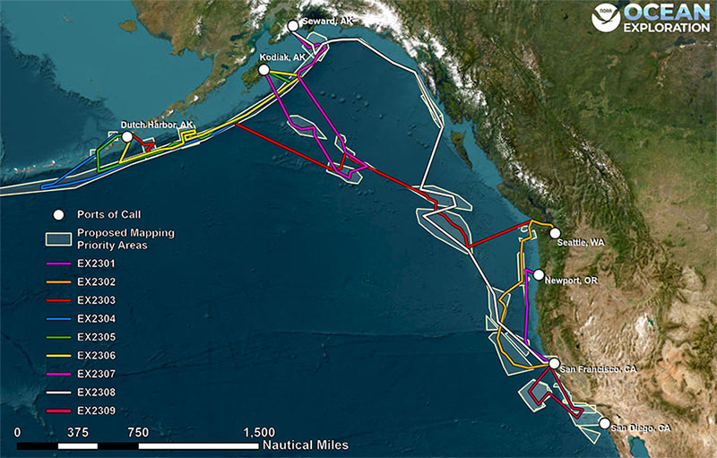 NOAA Ocean Exploration field operations area for 2023 on NOAA Ship Okeanos Explorer. Lines indicate approximate planned tracklines for each expedition. White points represent ports. Image courtesy of NOAA Ocean Exploration.