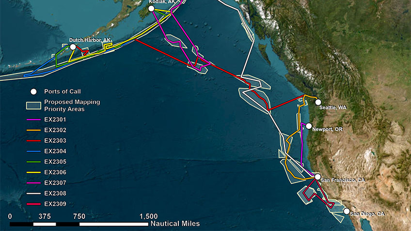 NOAA Ocean Exploration field operations area for 2023 on NOAA Ship Okeanos Explorer. Lines indicate approximate planned tracklines for each expedition. White points represent ports. Image courtesy of NOAA Ocean Exploration