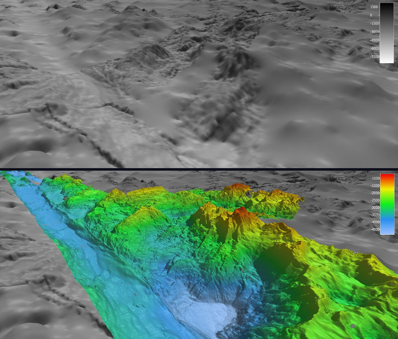 In May, during the first Voyage to the Ridge 2022 expedition, NOAA Ocean Exploration completed the largest continuous mapping survey effort to date over the Charlie-Gibbs Fracture Zone. These images show satellite-derived bathymetry data (top) in comparison to the high-resolution bathymetry data (bottom) collected during Voyage to the Ridge 2022 using the multibeam system on NOAA Ship Okeanos Explorer.