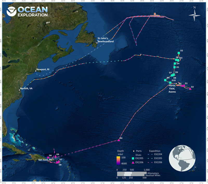 Summary map showing bathymetry collected and number dive sites for all three Voyage to the Ridge 2022 expeditions. Courtesy NOAA Ocean Exploration, Voyage to the Ridge 2022.