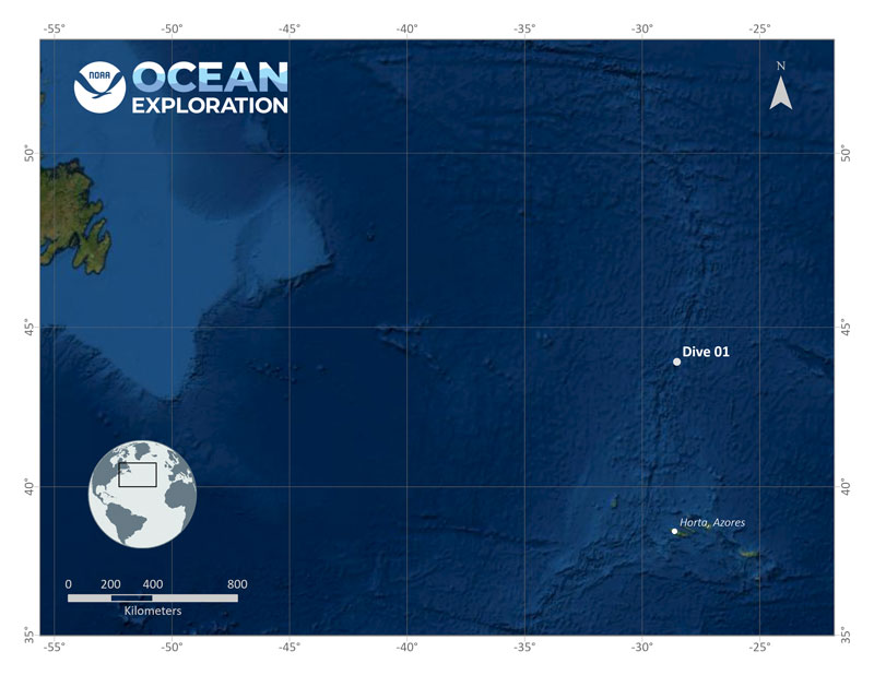 Map showing the location of Voyage to the Ridge 2022 Expedition 2 Dive 01: MARNA Shallow.
