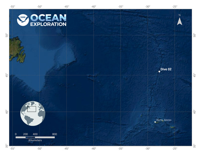 Map showing the location of Voyage to the Ridge 2022 Expedition 2 Dive 02: Moytirra Vent Field.
